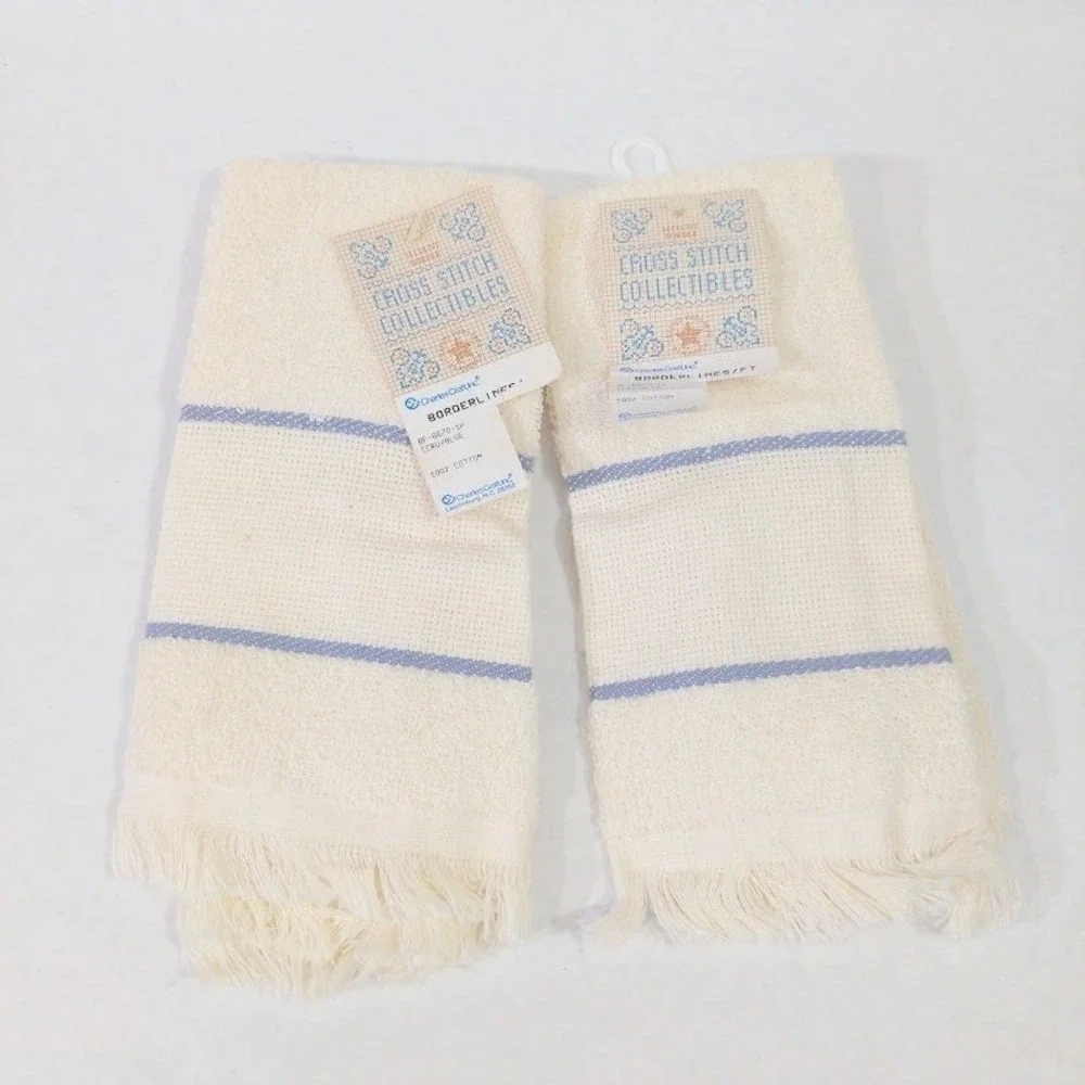 Vtg Charles Craft Cross Stitch Fingertip Towels Ecru Blue Borderlines 2pc USA
